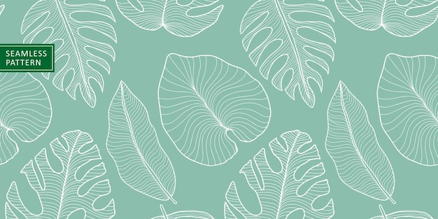 Minimalistisch tropisch vector naadloos patroon met monsterabladeren palmbladeren bananenbladeren voor textiel inpakpapier omslagen en achtergronden