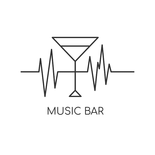 Minimalistisch zwart-wit logo van een alcoholisch etablissement. Logo voor een bar, winkel, restaurant. Cocktailglas op de achtergrond van de hartslag en het opschrift "music bar".