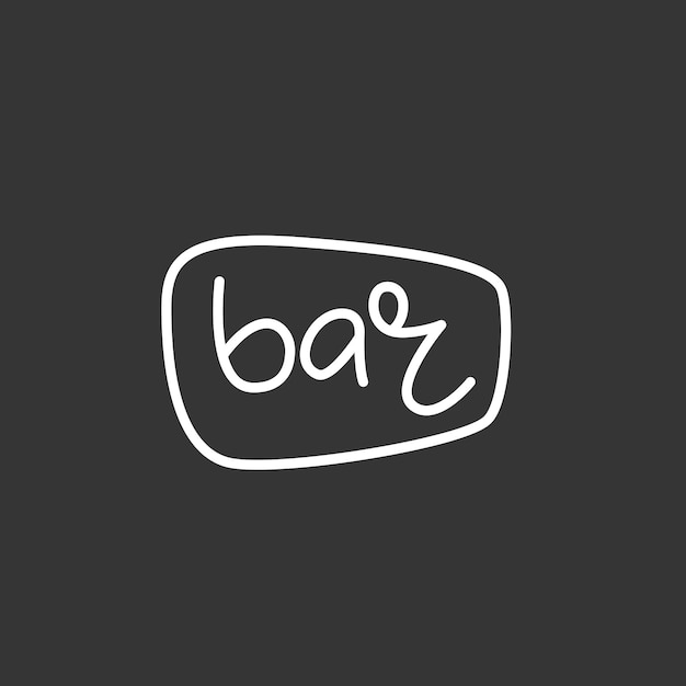 Minimalistisch zwart-wit logo voor alcoholische bar, winkel, restaurant. Belettering "bar" is ingesloten in een zachte rechthoek. Geïsoleerd op zwarte achtergrond.