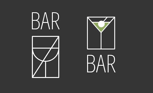 Minimalistische abstracte set logo's voor alcoholische bar, winkel, restaurant. een glas voor rode wijn en martini met het opschrift 