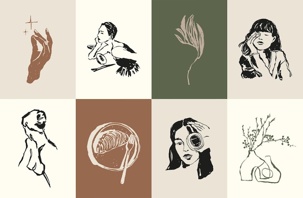 Minimalistische Boheemse moderne kunstillustratiecollectie voor posterontwerp
