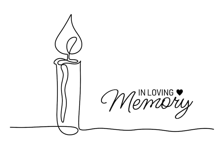 Vector minimalistische condoleance kaart met één doorlopende lijn brandende kaars en tekst lettering in liefdevolle herinnering begrafenis cursieve kalligrafie gedenkkaart