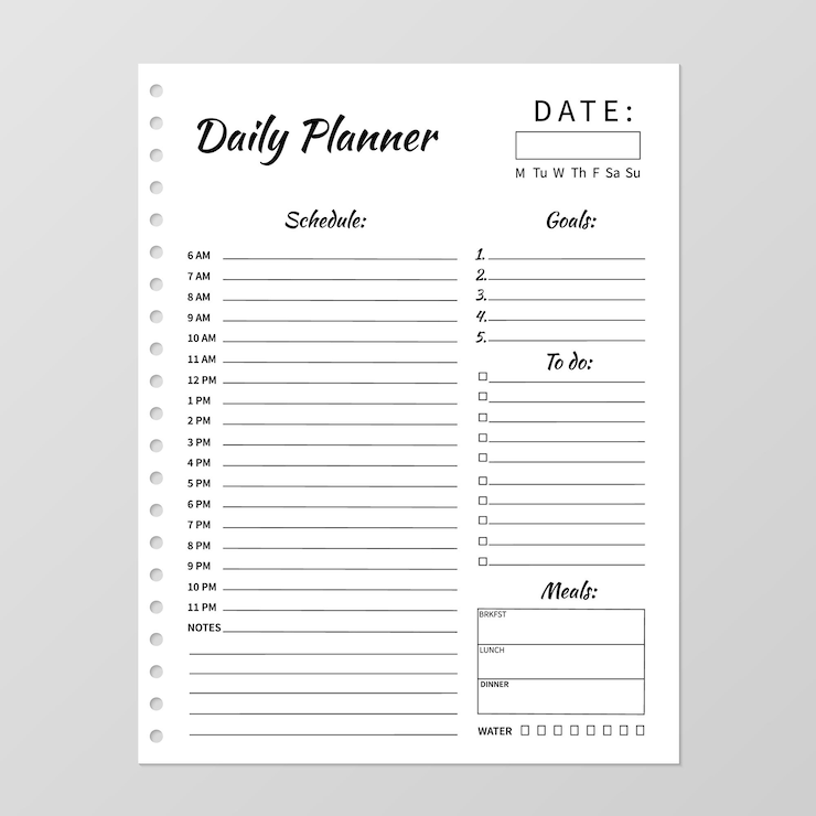 Vector minimalistische dagelijkse planner sjabloon blanco witte notebook pagina geïsoleerd op grijs briefpapier voor onderwijs, kantoor en het plannen van een routine realistische vectorillustratie