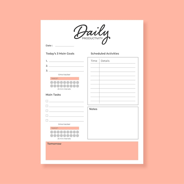 Minimalistische dagelijkse productiviteit planner-sjabloonsetafdrukbare sjablonen