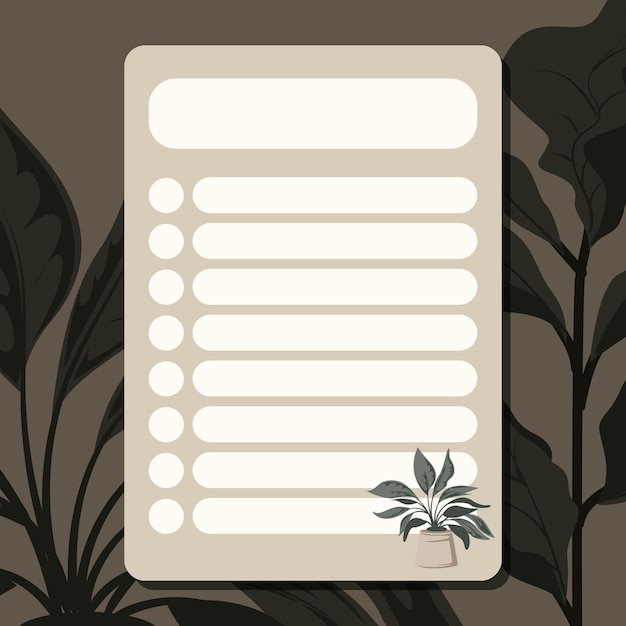 Vector minimalistische esthetische blanco takenlijstdoelen of schema met titelgebied en elegante potplantillustratie