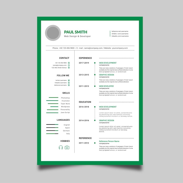 Minimalistische groene rand cv-sjabloon gratis vector