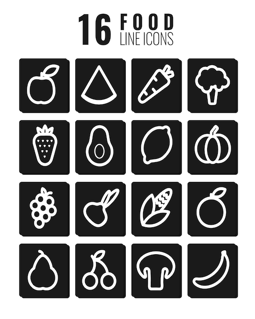 Minimalistische groentepictogrammen Platte vectorillustratie Pictogrammen van groenten en fruit in een lineaire s