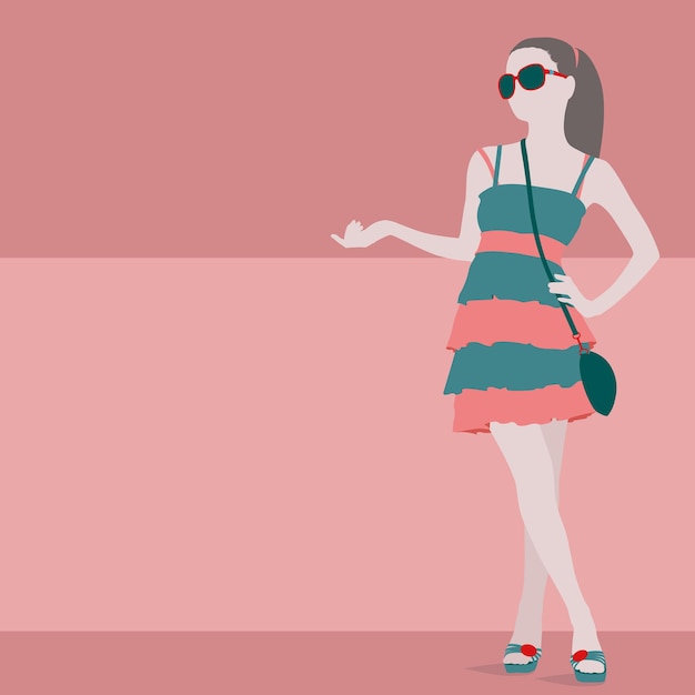 Vector minimalistische illustratie van een vrouw in een zomerjurk en zonnebril