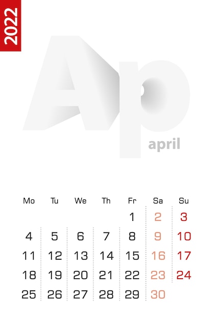 Minimalistische kalendersjabloon voor april 2022, vectorkalender in het Engels.