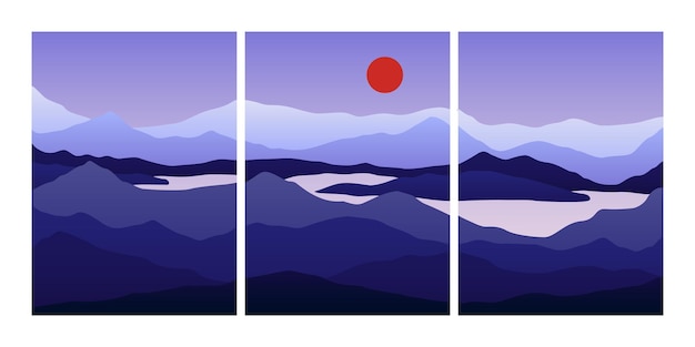 Minimalistische landschapscollage. Abstracte posters bergen meer zee maan zon, hedendaagse vectorkunst