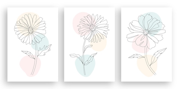 Minimalistische lijntekeningen bloem illustratie met abstracte bladeren ontwerpset