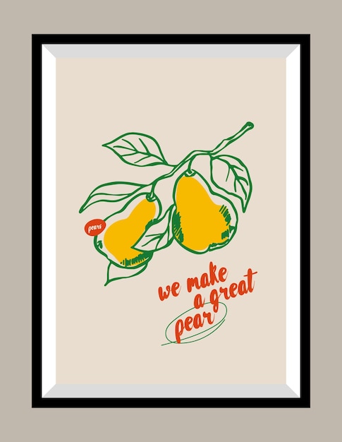 Minimalistische met de hand getekende peren vectorprint poster in een frame