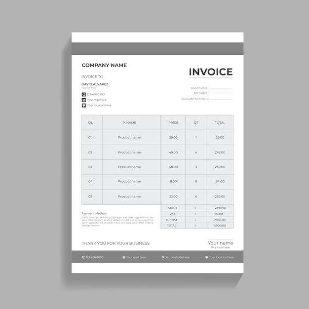 Minimalistische ontwerpsjabloon voor zakelijke en zakelijke facturen voor uw bedrijf