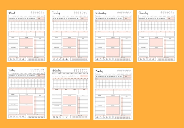 Minimalistische planner pagina's sjablonen. Organisatorpagina, dagboek en dagelijks controleboek. Levensplanners, week- en dagenorganisatoren of kantoorplanningslijst. Grafische organisatie papier vector set