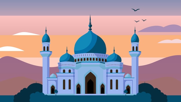 Minimalistische platte illustratie van de blauwe moskee bij zonsondergang islamitisch ontwerpelement