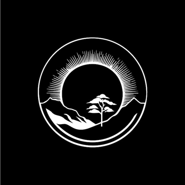 Minimalistische platteland ronde logo prairie landschap silhouet wit icoon op zwarte achtergrond platteland monochroom logo concept landschap schets tattoo Vector illustratie