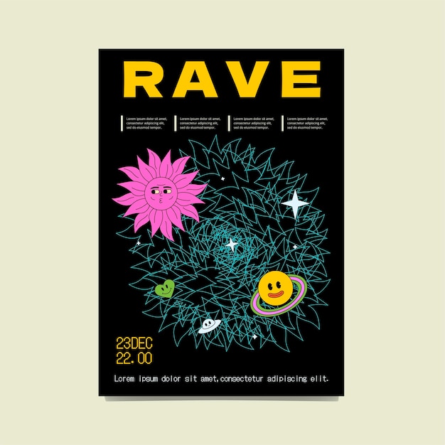 Vector minimalistische rave poster met groovy zon lachende planeet en gelinieerde achtergrond zure psychedelische flyer