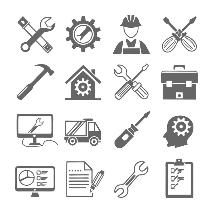 Vector minimalistische reparatie- en onderhoudssilhouet-iconensetcollectie