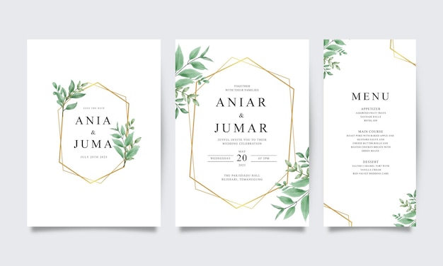 Minimalistische sjabloon voor huwelijksuitnodigingen met gouden geometrische en groene bladeren