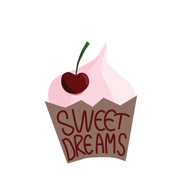 Minimalistische vectorillustratie met handgetekende letters zoete dromen en een cupcake