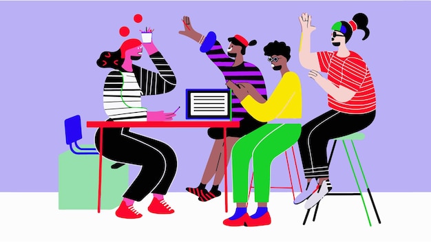 Minimalistische vectorillustratie van een team dat een digitale computertoepassing creëert ideeën 3 mensen