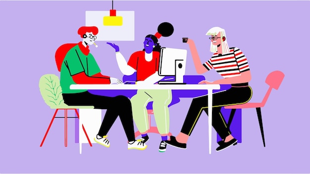 Minimalistische vectorillustratie van een team dat een digitale computertoepassing creëert ideeën 3 mensen
