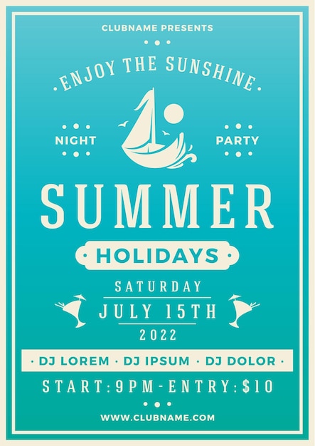 Minimalistische vintage zomer partij poster sjabloon blauw wit decoratief ontwerp vector plat