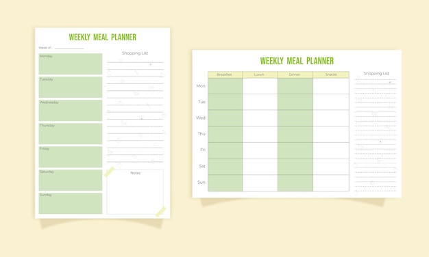 Minimalistische wekelijkse maaltijdplanner en boodschappenlijst. Vectorsjablonen A4