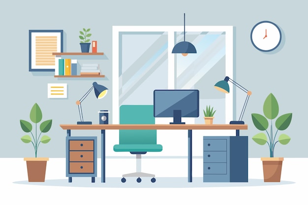 Minimalistische werkruimte met een bureau en een raam achtergrond gegenereerd door AI
