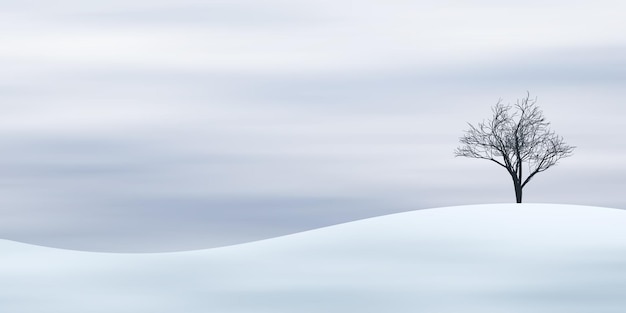 Minimalistische winterlandschap besneeuwde heuvel en een boom