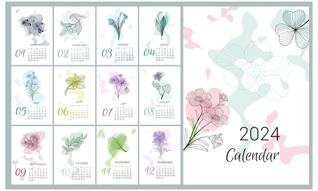 Vector minimalizim flower calendar by months of botany vector illustration