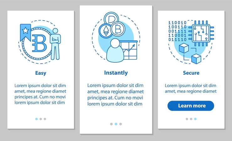 Vector mining business onboarding mobile app page screen with linear concepts. cryptocurrency. easy, instantly, secure steps graphic instructions. ux, ui, gui vector template with illustrations