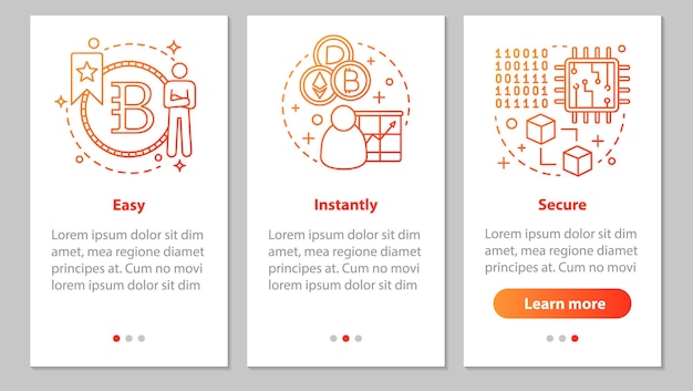挖矿业务整合移动应用程序页面屏幕与线性概念.加密货币. 简单,即时,安全的步骤图形说明. UX, UI,GUI向量模板与插图