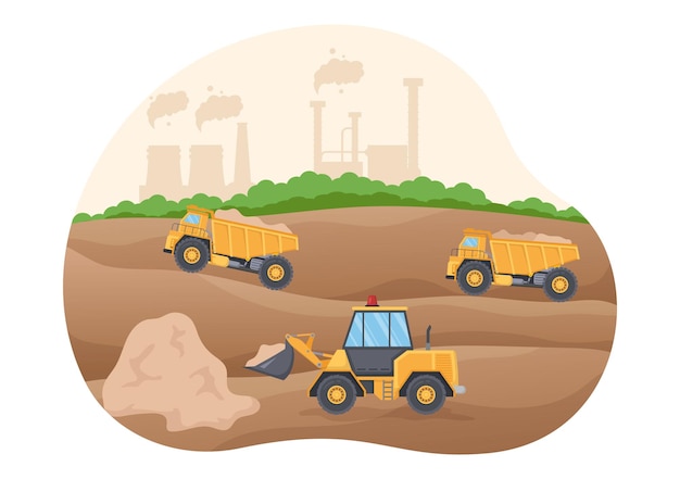 Mining Company with Heavy Yellow Dumper Trucks for Coal Mine Industrial Process in Illustration