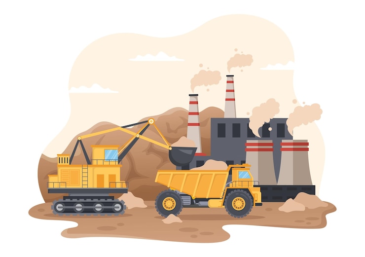 Vector mining company with heavy yellow dumper trucks for coal mine industrial process in illustration