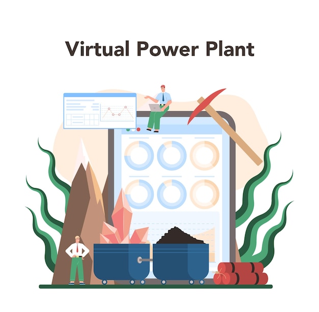 Servizio o piattaforma online per il concetto di estrazione estrazione di risorse minerali e naturali lavoratore in uniforme con piccone illustrazione piatta vettoriale vpp online