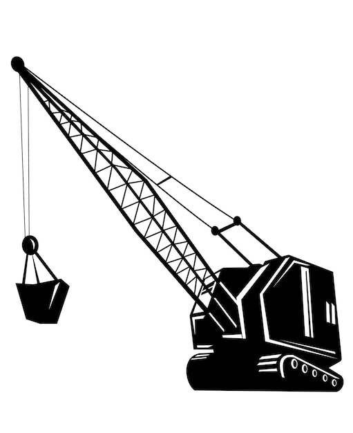 Mining Crane Mining Hoist with Boom Retro Woodcut Black and White Style