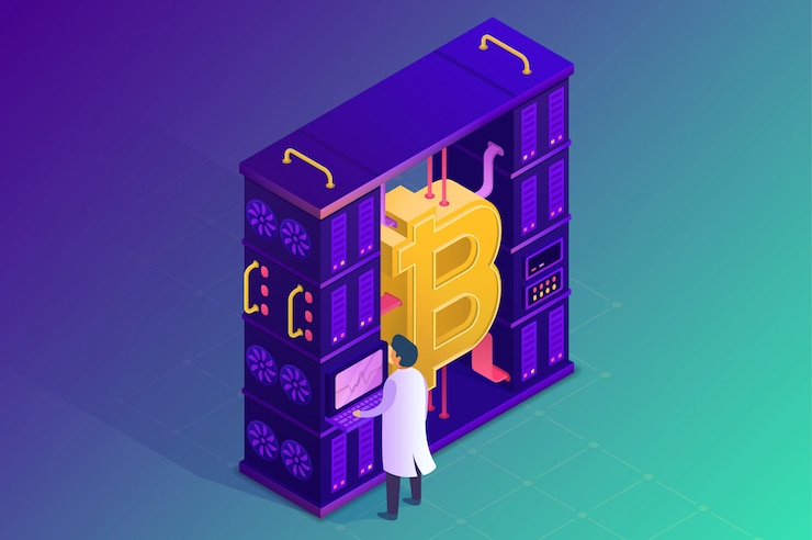 Vector mining crypto currency. isometric illustration.
