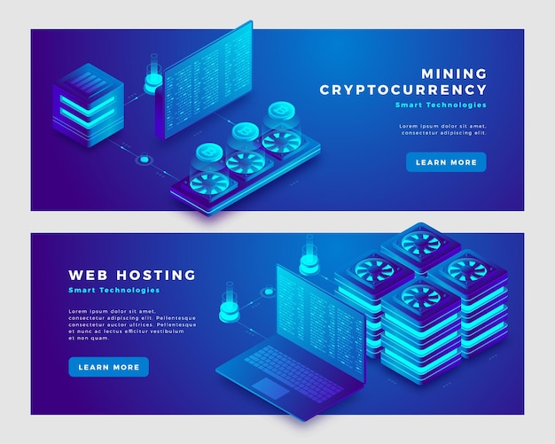 Mining cryptocurrency and web hosting concept banner template