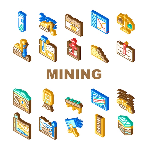 mining engineer industry icons set vector miner coal equipment machinery work business engineering safety worker technology mining engineer industry isometric sign illustrations