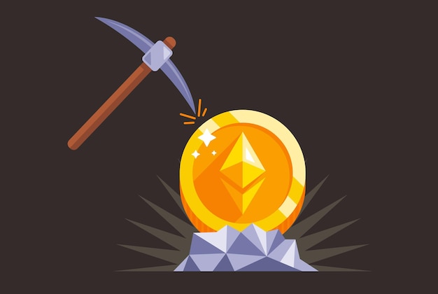 Mining Ethereum using mining the pickaxe hits the ethereum coin flat vector illustration