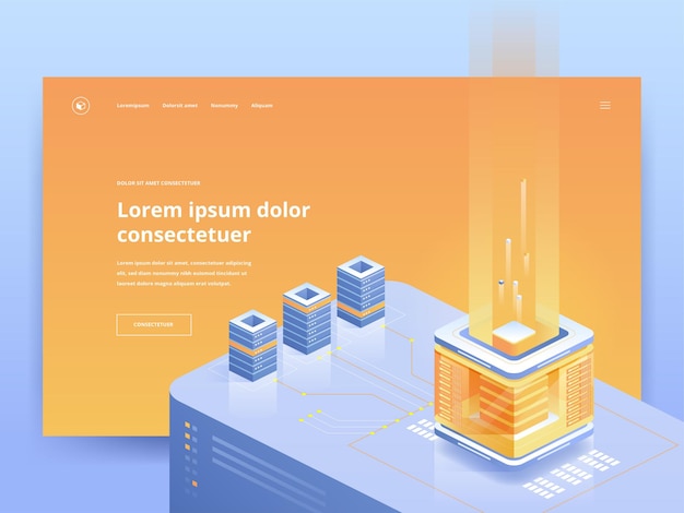 Mining farm orange landing page vector template. Cryptocurrency website homepage UI, UX idea with isometric illustrations. Blockchain technology, electronic commerce web banner bright color 3D concept