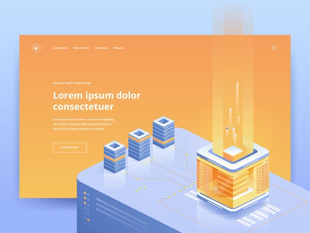 マイニングファームオレンジランディングページベクトルテンプレート。暗号通貨のウェブサイトのホームページui、アイソメトリックイラスト付きのuxアイデア。ブロックチェーンテクノロジー、電子商取引のwebバナー明るい色の3dコンセプト
