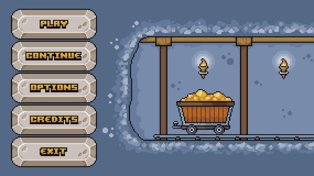 Mining game home menu with stone buttons in pixel art and 8bit style
