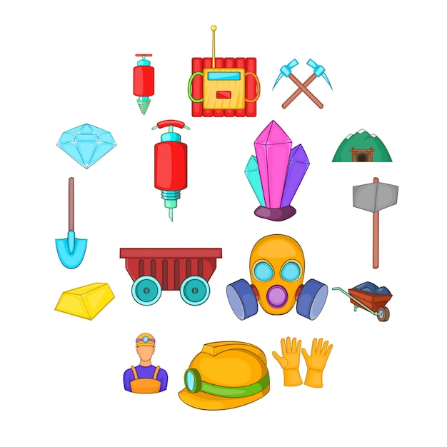 Vector mining icons set, cartoon style