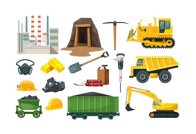 Mining industry equipment transportation vehicles vector