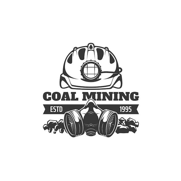 Mining Industry Icon Fossil Fuel Production Coal Mining Vector Monochrome Emblem Or Symbol With Miner Hard Hat Helmet With Headlamp Gas Mask Or Respirator Coal Chunks