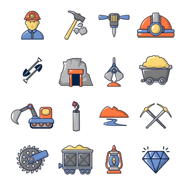 Mining minerals business icons set