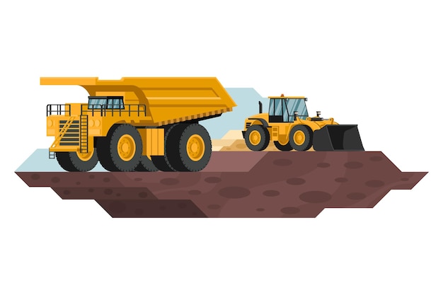 Mining truck and front loader in construction and mining work with heavy machinery 3d