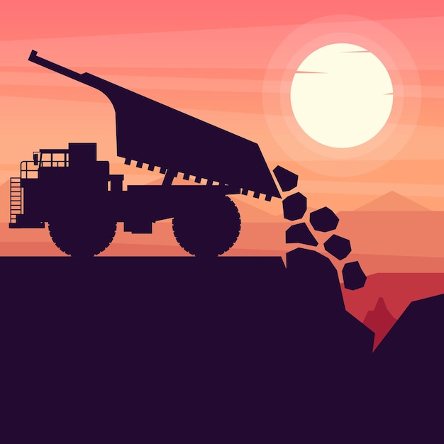 日没の背景を持つ鉱山で材料を降ろすマイニングトラック重機